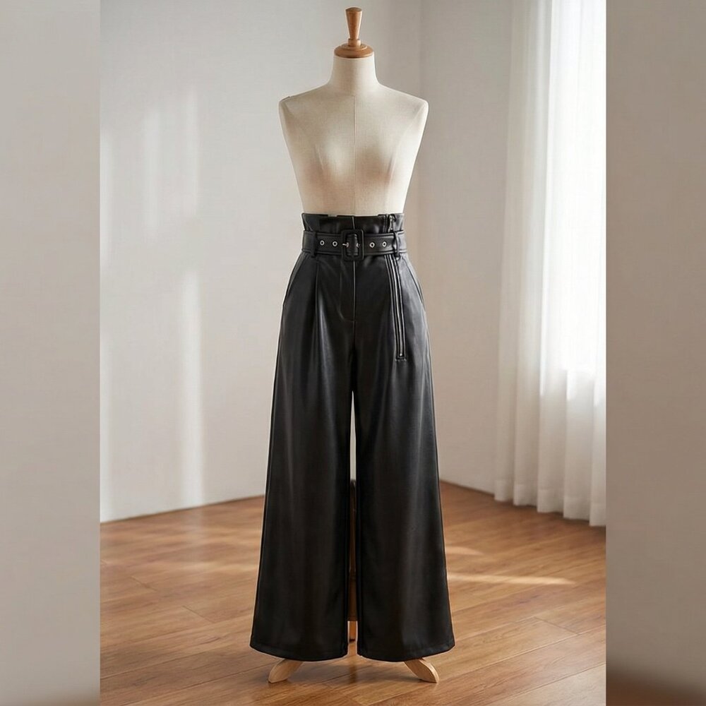 Black High-Waist Faux Leather Wide-Leg Pleated Pants - Picture 3 of 8
